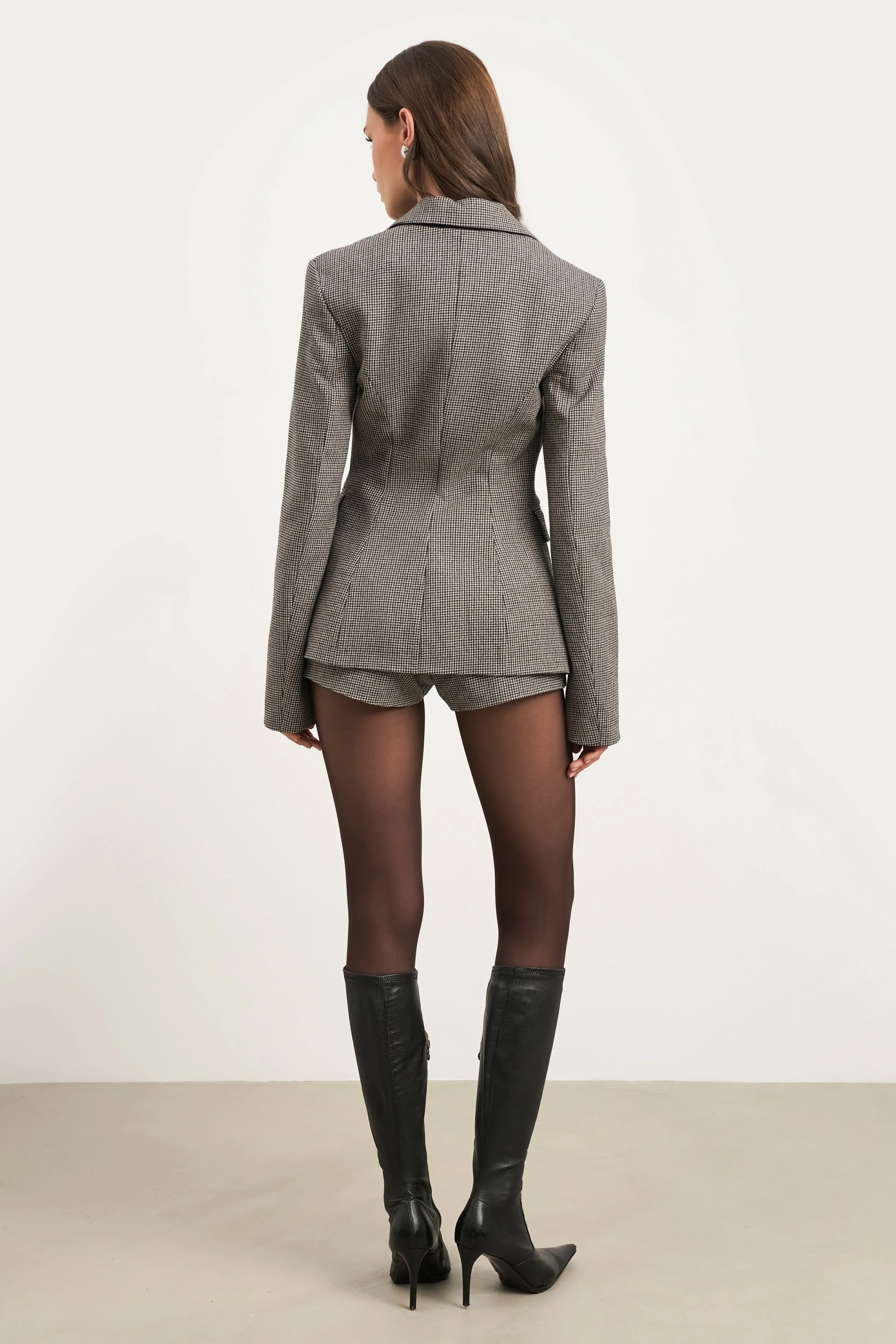 Single Breasted Cinched Waist Blazer - Houndstooth - Image 8