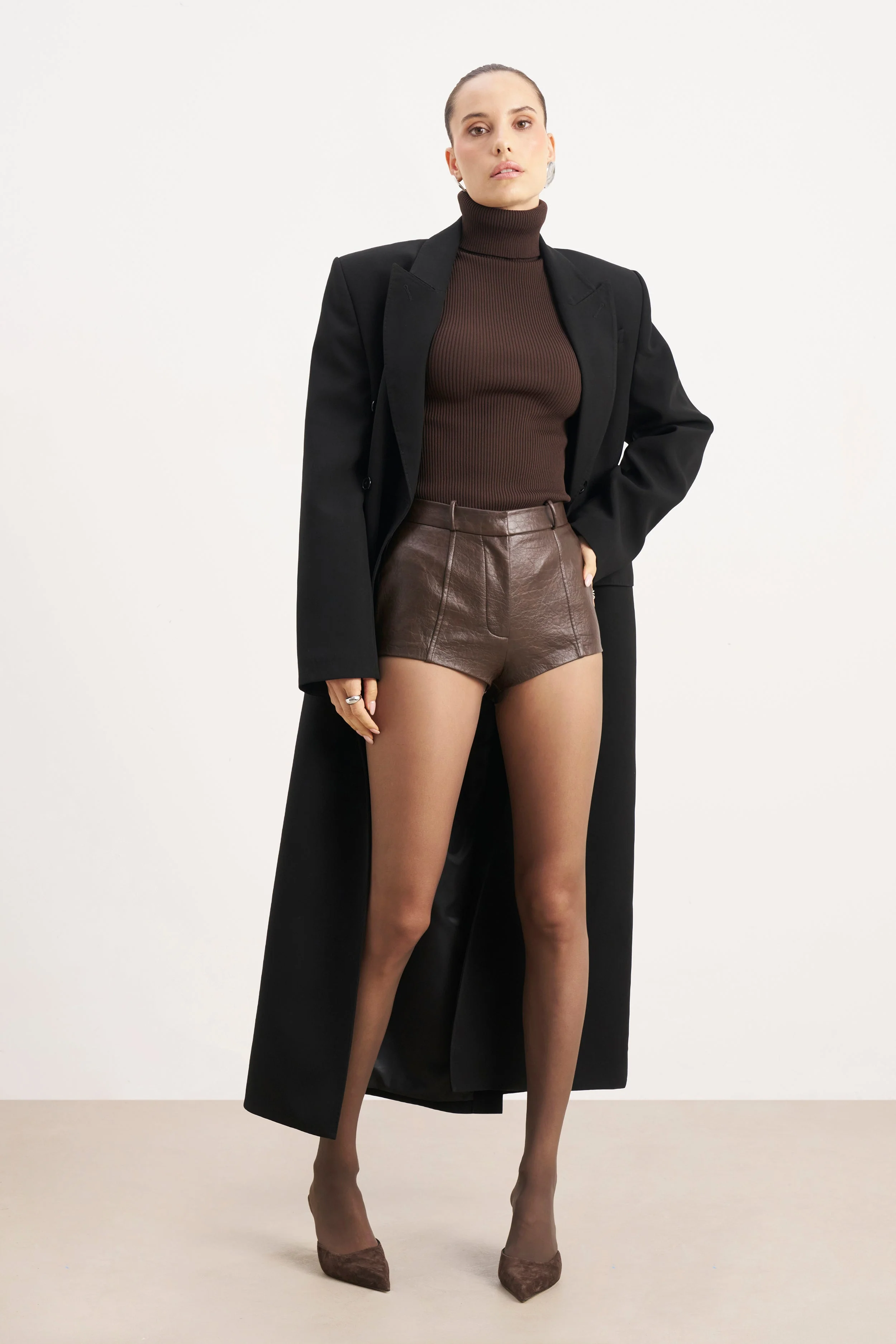 Tailored Leather Micro Shorts - Carob - Image 10