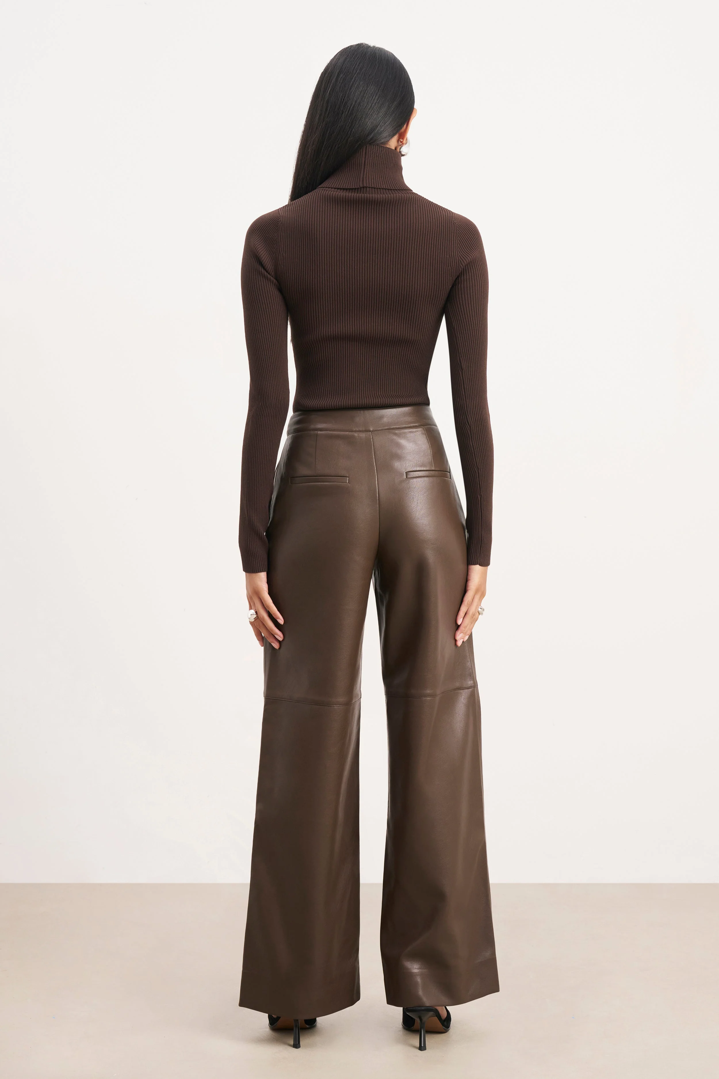 Tailored Leather Wide Leg Trousers - Carob - Image 10