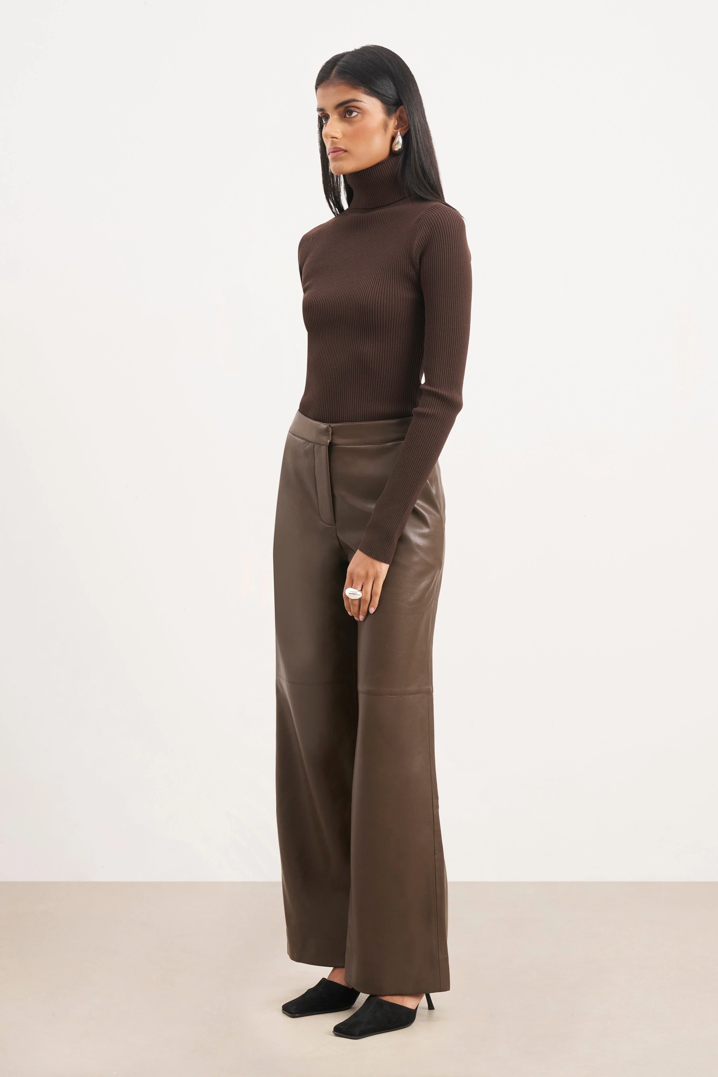 Tailored Leather Wide Leg Trousers - Carob - Image 7
