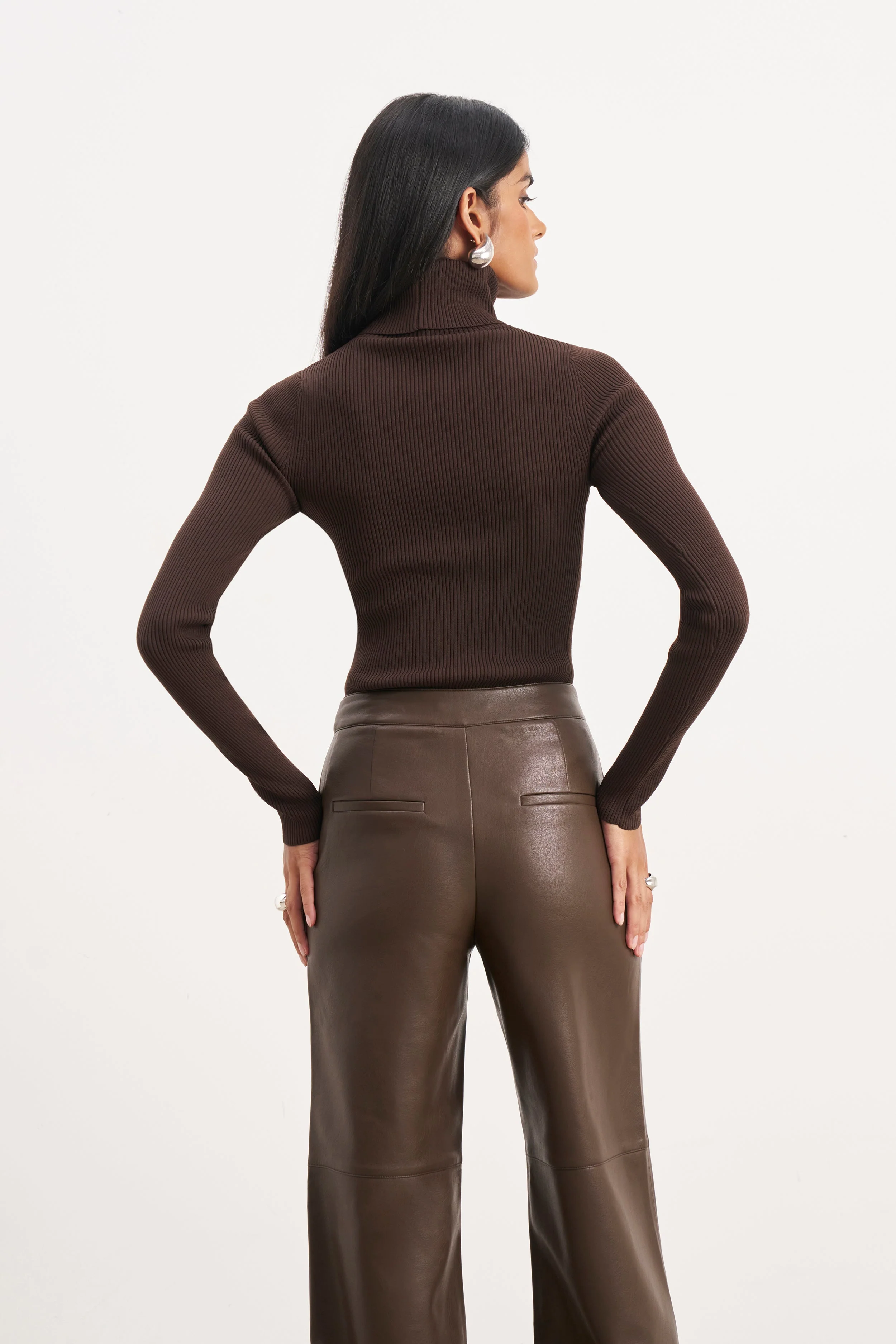 Tailored Leather Wide Leg Trousers - Carob - Image 9