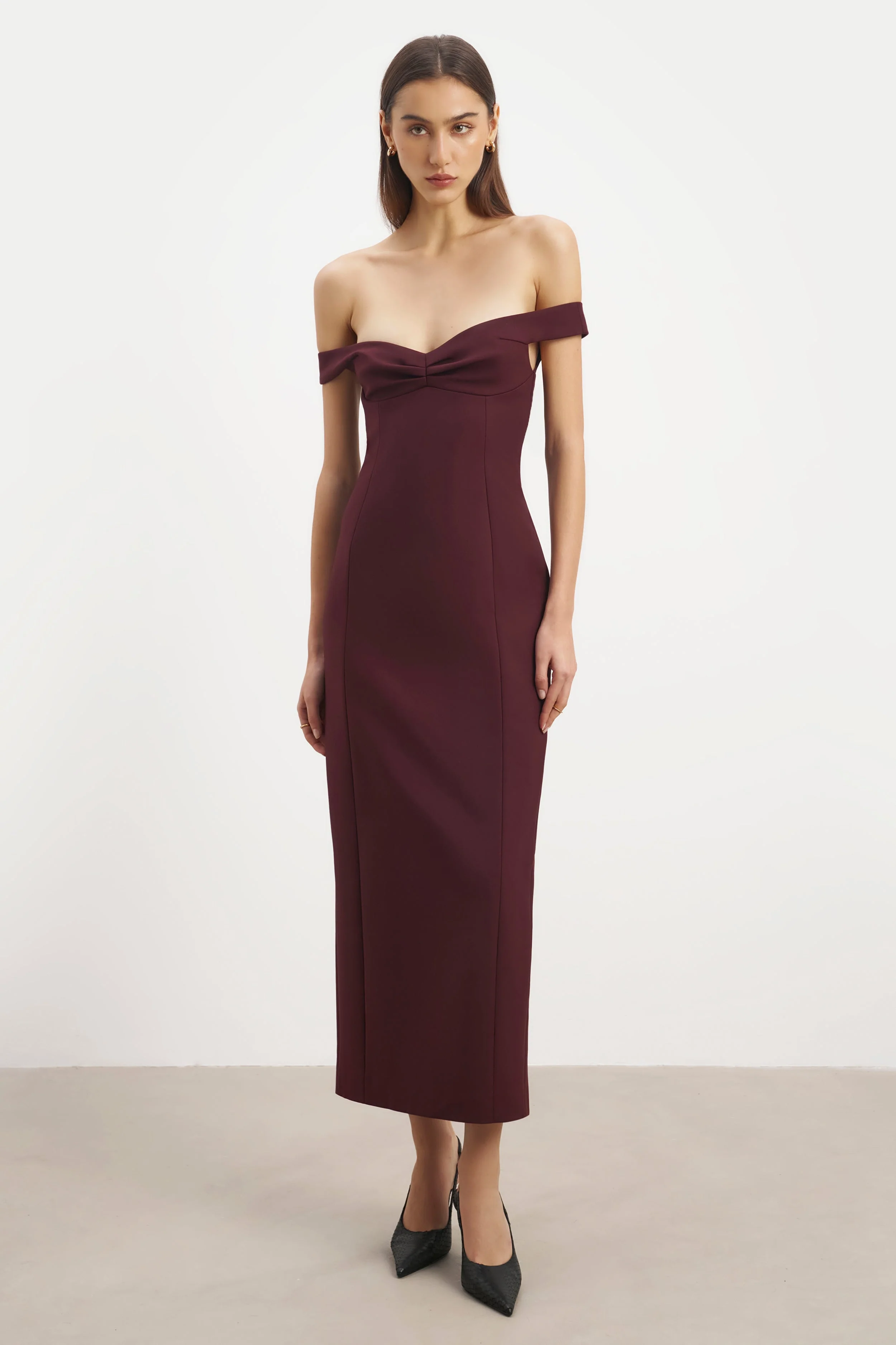 Tailored Ruched Bardot Midi Dress - Mulberry - Image 2