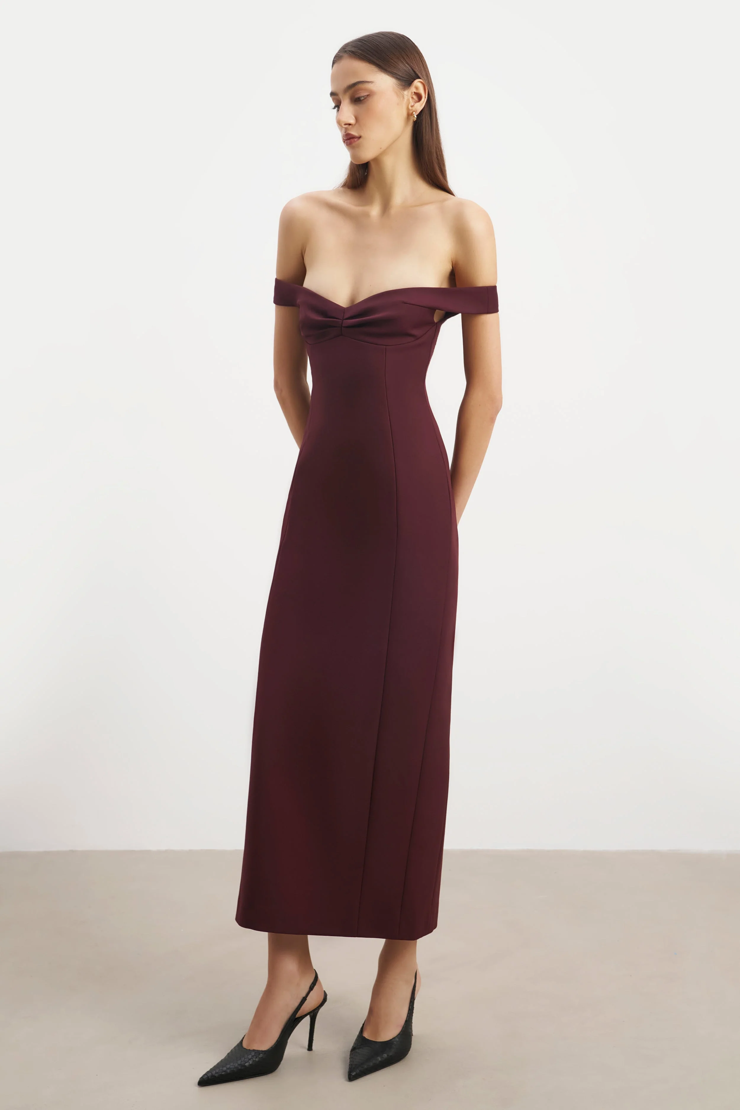 Tailored Ruched Bardot Midi Dress - Mulberry - Image 5