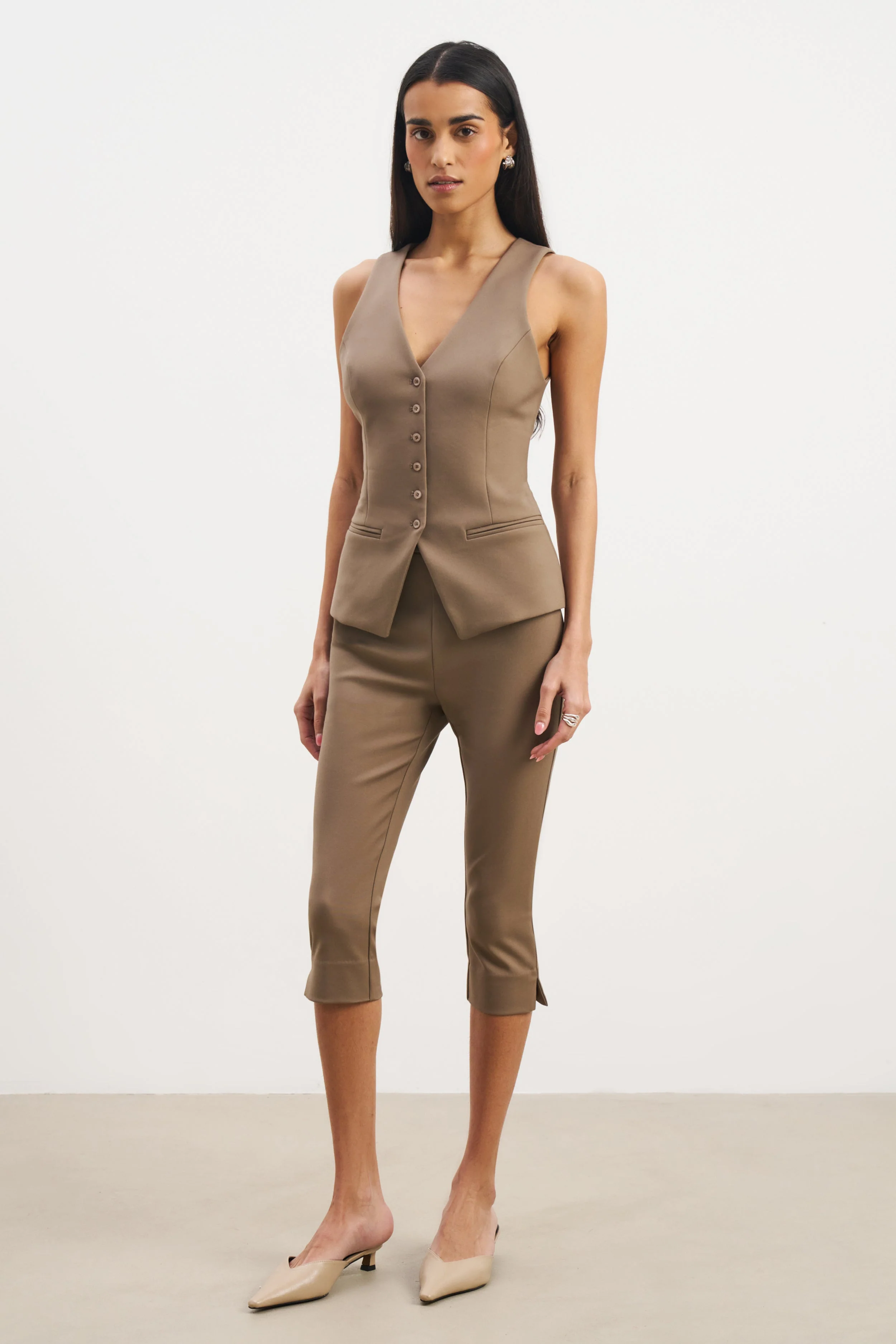 Tailored V-Neck Hourglass Waistcoat - Latte - Image 3